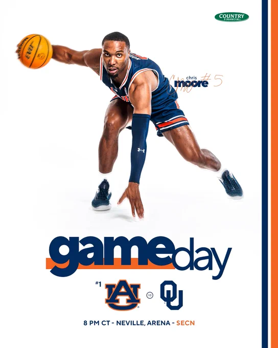 A gameday graphic for our matchup against Oklahoma. Auburn plays at 8PM CT on the SECN