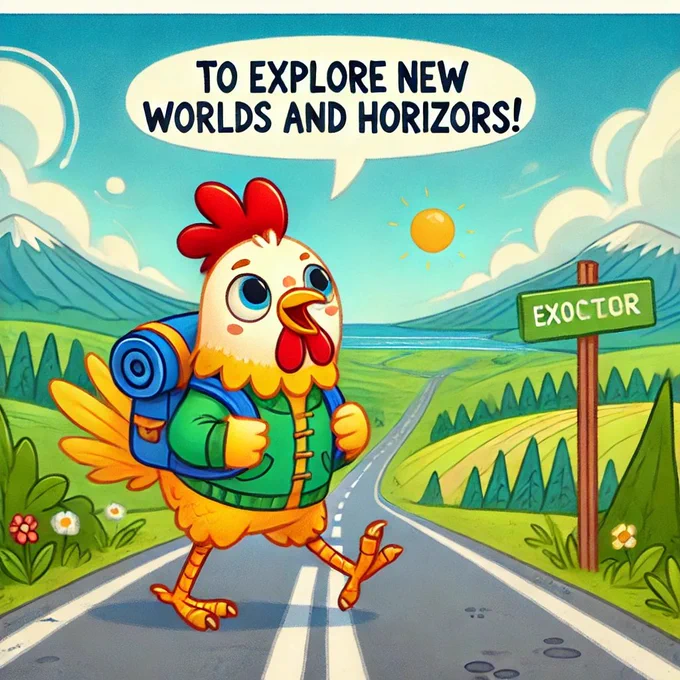 A cartoon image of a chicken dressed in a jacket and shorts walking across a road, but not to get to the other side but was to explore new worlds and horizons.