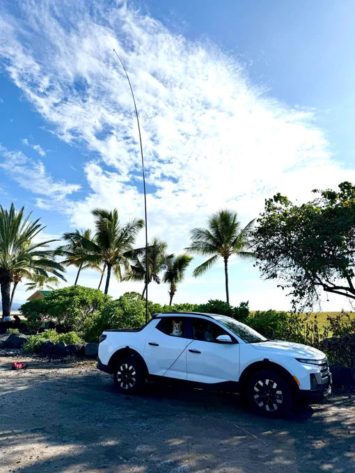 The POTA-Cruz at Old Kona Airport State Recreation Area. Beautiful sunshine & palm trees. Near-vertical linked EFHW supported by truck-mounted fiberglass mast…and Remi the Corgi.