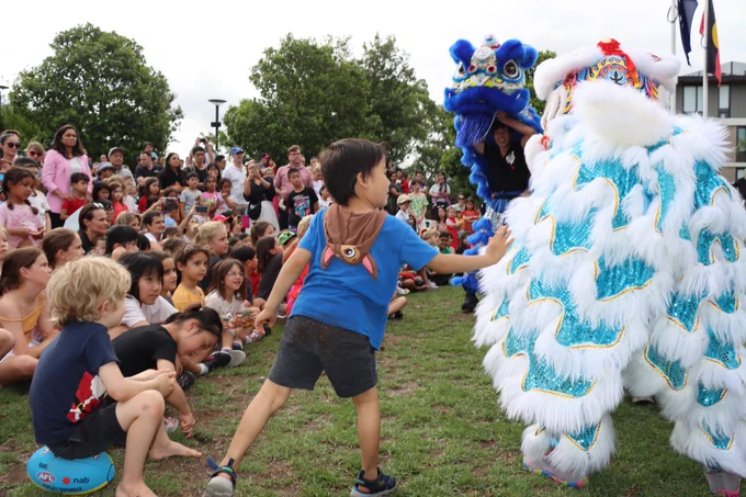 Thrilled, mainly young locals enjoy lion dancing by Pak Hok Kung Fu at The Canopy in Lane Cove, culminating in an ‘eye dotting’ ceremony involving Lane Cove Mayor Merri Southwood, during Lunar New Year celebrations for Year of the Snake on Friday, January 31, 2025. TWT On-the-Spot PHOTO (Anthony Stavrinos)
