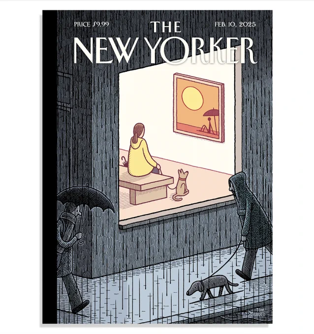 A cover of the New Yorker magazine for February 10th 2025. The image is of a dark, rainy street scene. One figure shelters under an umbrella and another, wearing a large raincoat, walks a sad looking dog. A large window casts warm light onto the street. Inside a woman (wearing a bright yellow coat) and her dog, look at a summery painting of a figure basking under a hot sun.