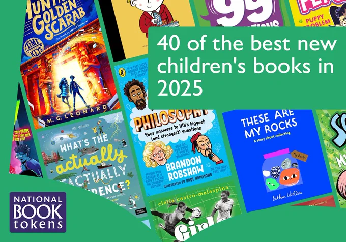 A collage of books featured in the article on a green background. Text says: 40 of the best new children's books in 2025.




