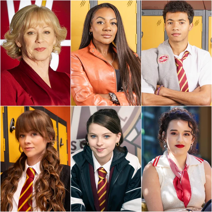A collage of six Waterloo Road characters. Clockwise from top left: a woman in a red top with short blonde hair, a woman in an orange jacket with long brown hair, a young man in school uniform with his arms crossed, a young teacher outdoors with her hair tied back in a bun, a young woman in school uniform and a jacket, and finally a young woman wearing a school uniform with long brown hair tied in two long pigtails.