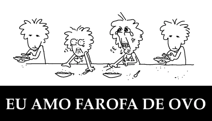 uma historinha em quatro ilustrações que dividem a mesma mesa: felponto está contente e comendo de uma tigela. de repente seus olhos pulam para fora e o coração aperta, ele põe as mãos na mesa desesperado e segura o peito tentando engolir com os olhos lacrimejando. por fim, volta a comer contente seguido pela legenda em letras garrafais “eu amo farofa de ovo”