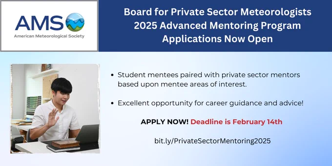 Graphic for the AMS 2025 Advanced Mentoring Program for private sector meteorologists. featuring a person sitting at a desk with a laptop, gesturing as if speaking.