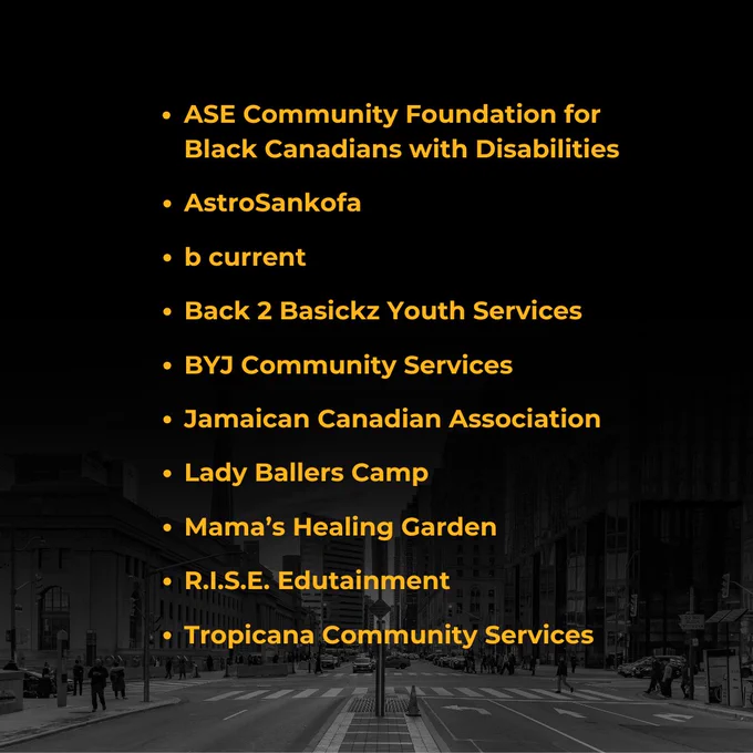 ASE Community Foundation for Black Canadians with Disabilities, AstroSankofa, b current, Back 2 Basickz Youth Services, BYJ Community Services, Jamaican Canadian Association, Lady Ballers Camp, Mama’s Healing Garden, R.I.S.E. Edutainment, Tropicana Community Services 