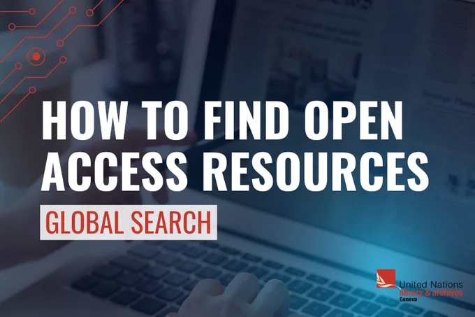 This image features an open laptop and some hands typing on the keyboard, overlayed with a blue colored filter. The title is overlayed over the image, which states "How to find open access resources - Global Search".