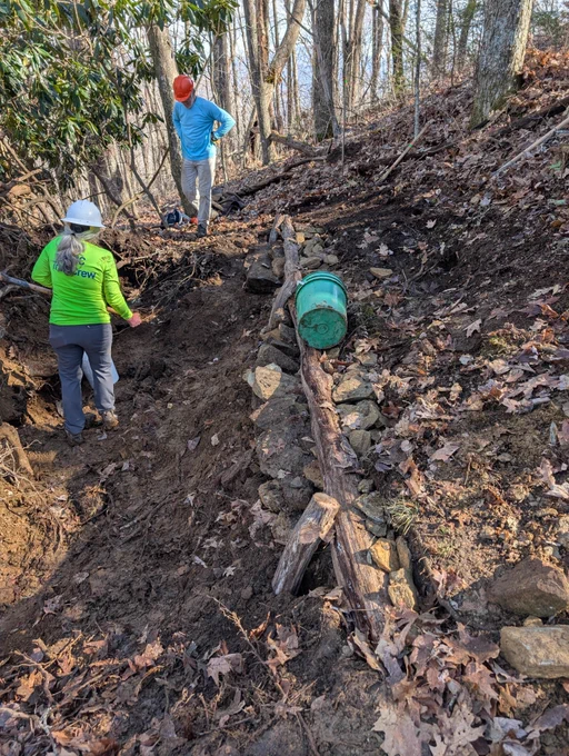 Two people in hard hats clearing a trail