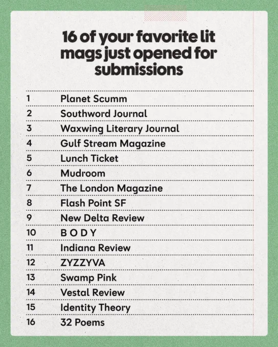 16 of your favorite lit mags just opened for submissions
1
Planet Scumm
2
Southword Journal
3
Waxwing Literary Journal
4
Gulf Stream Magazine
5
Lunch Ticket
6
Mudroom
7
The London Magazine
8
Flash Point SF
9
New Delta Review
10
BODY
11
Indiana Review
12
ZYZZYVA
13
Swamp Pink
14
Vestal Review
15
Identity Theory
16
32 Poems