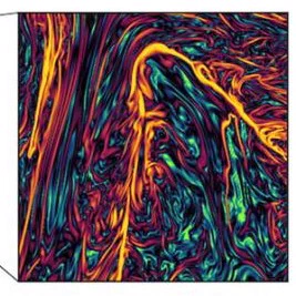 Brightly-colored lines with sharp kinks. Colors include golds, magenta, blues and teal.
A zoom-in panel demonstrating the small scale complexity in high-resolution simulations of a slice of 3D simulations of cosmic rays. Colors show the electric current’s magnitude. Image courtesy of Drummond Fielding/Cornell University.
