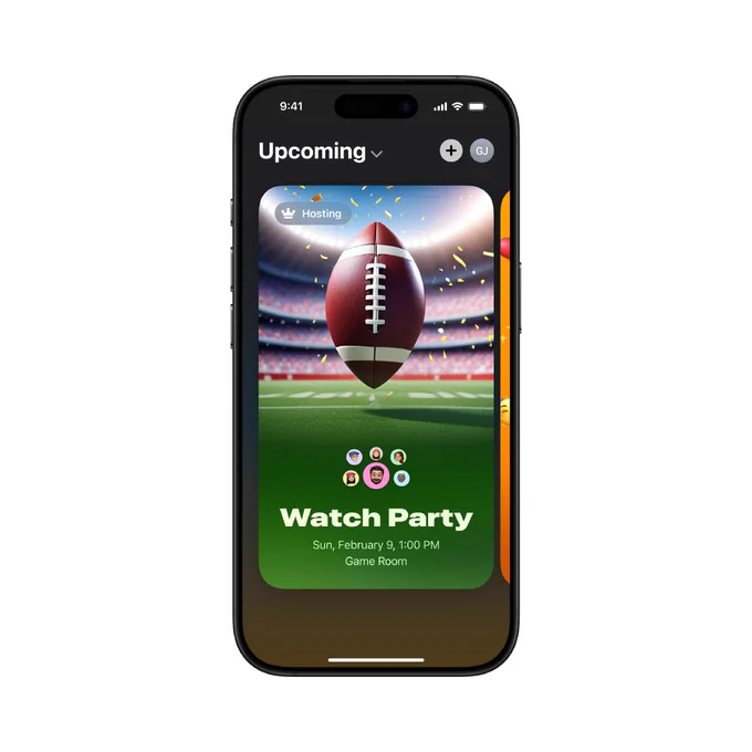 iPhone displays an invitation for an upcoming party in Apple Invites. The invitation shows an American football on a field in a stadium with confetti around it. Text on the screen shows the party is for Sunday, February 9 at 1pm in the Game Room.