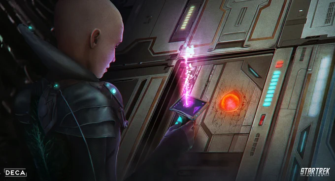 Kuumaarke, a character from Star Trek Online, can be seen scanning the side of a starship's hull, close up. Her tricorder is displaying a purple beam of light shooting upwards, displaying some nodes. In the hull is a compromised module that is glowing and red. Around it, the hull is cracked. The lights are dim and the ambience is eerie.