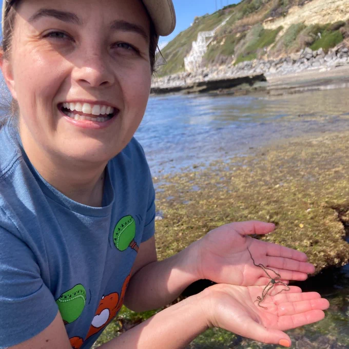  A young woman in a light blue shirt and tan hat is standing in a tide pool on a sunny day. She's holding a tiny brittle star in her hands and smiling at the camera. 