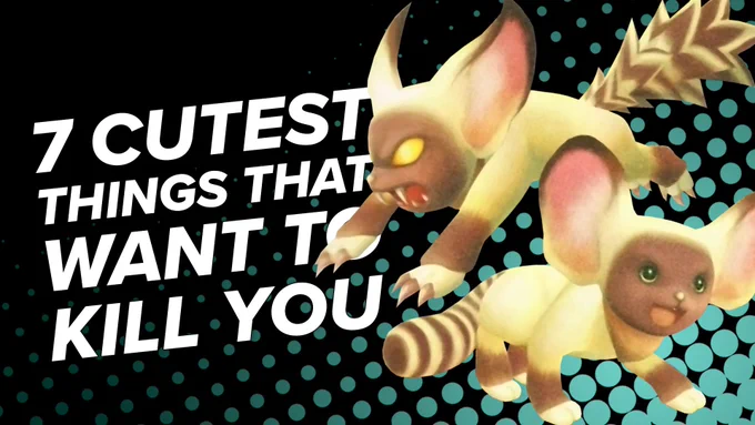 7 Cutest things that want to kill you, net to an image of the 2 forms of remlit from Zelda. One is a cute smiley cross between a cat, a fox and a raccoon, while the other is that but with demonic glowing eyes, pointier ears and tail, and sharp claws.