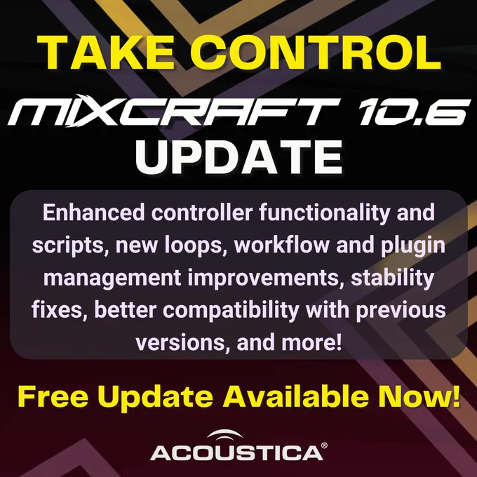 Free to registered users of Mixcraft 10.x, our new Mixcraft 10.6 update includes a range of enhancements focused on controllers, workflow, presets, and plugin management. Get the details and download at acoustica.com/news/take-control-with-mixcraft-106 