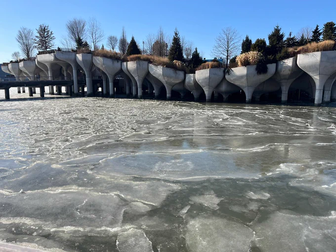 Ice floes are seen around Little Island.