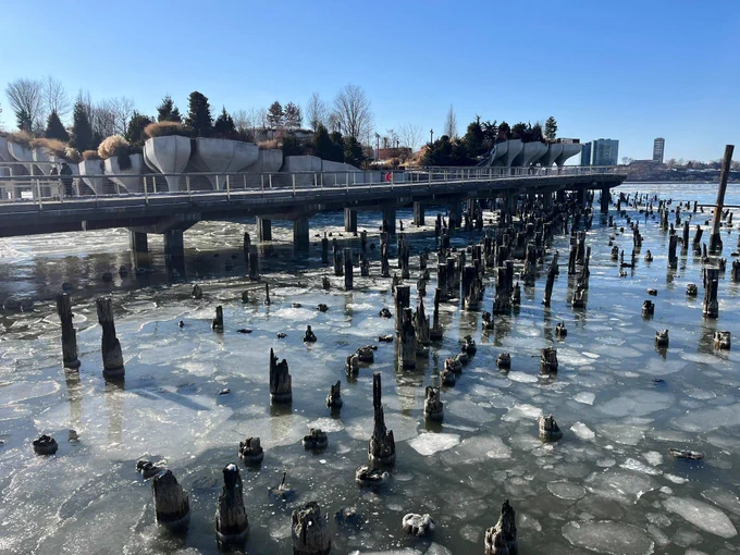 Ice floes cover the surface of the river in the pile field around Little Island. 