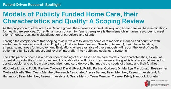 Graphic for the patient-led project titled, "Models of Publicly Funded Home Care, their Characteristics and Quality: A Scoping Review."