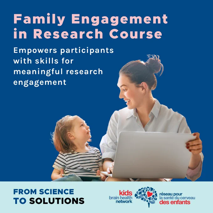 A woman and child sit together; the woman holds a laptop. Text: "Family Engagement in Research Course" and "Empowers participants with skills for meaningful research engagement."