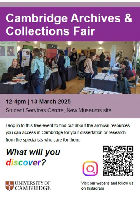 A poster for the event including a photograph from the 2024 fair, depicting students and stallholders talking. 