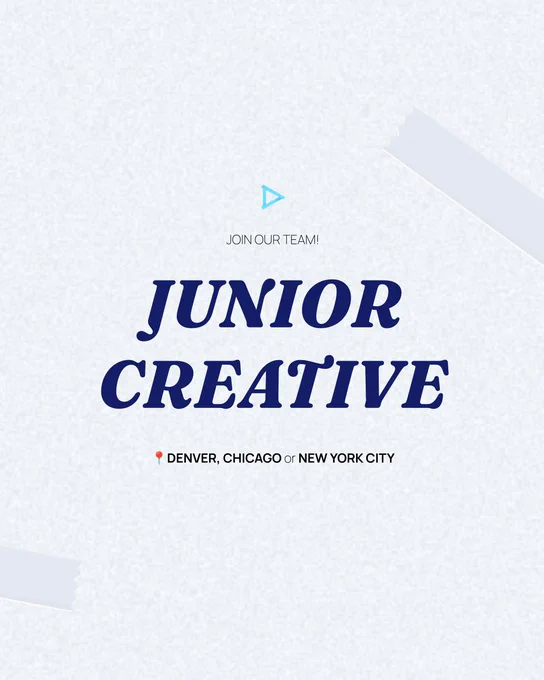 Promotional graphic for a job opening, featuring text that reads 'Join Our Team! Junior Creative, Denver, Chicago or New York City,' set against a textured gray background with a large blue arrow pointing upwards.