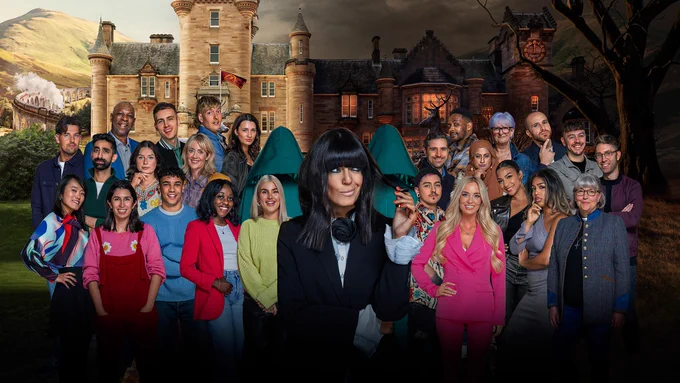 The Traitors series 3 contestants are grouped behind Claudia Winkleman, set against the backdrop of the castle, half in daylight and half by night