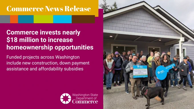 A group of people stands outside a newly constructed house, smiling and holding signs. The image includes text on the left side announcing a $18 million investment by the Washington State Department of Commerce to enhance homeownership opportunities through various funded projects across Washington.