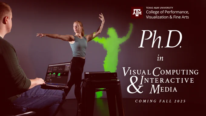 Graphic with the words "Ph.D. in Visual Computing and Interactive Media Coming Fall 2025"