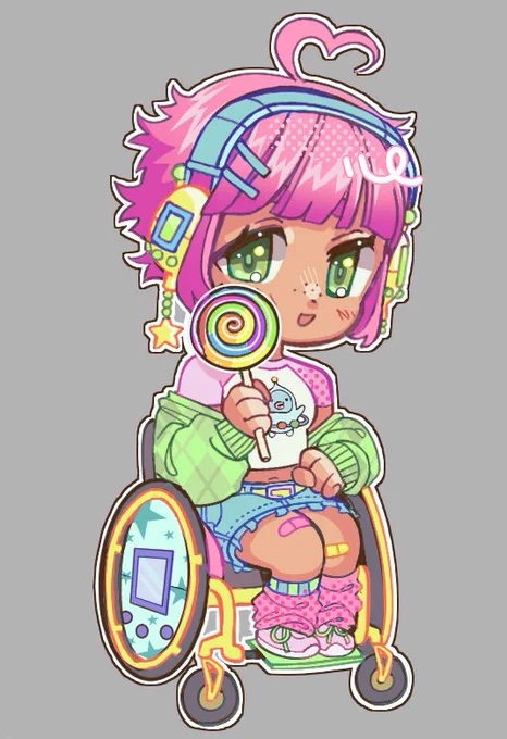 The image is a chibi illustration of Sproutwiki’s original character “ChiChi / Tamagotchi Girl”.

She’s sitting in her wheelchair, which is yellow with tamagotchi design on the wheels. She has on her tamagotchi crop top with pink short sleeves, floppy green gingham sweater, and jean miniskirt. 

She’s holding a rainbow swirl lollipop in her left hand, her eyes bright green and hair pink, short, with yellow and blue tamagotchi design headphones with a dangling star charm.

She has on her pink flop socks as well.