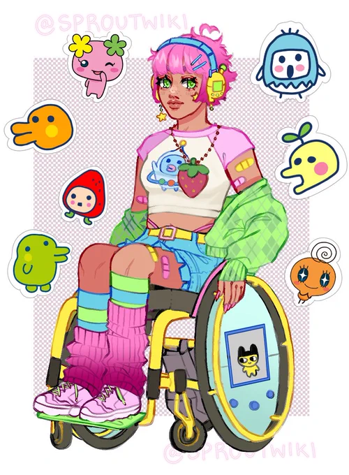 An image of a tan-brown skinned girl, with bright pink hair. She is wearing bright yellow “tamagotchi” headphones, with a blue strap. She has a white and pink short-sleeved shirt, and colorful bandaids on her upper arms. She has a denim-ruffled edged skirt on with a yellow belt, and a pink “whale-tail”. She is wearing a checkered green slouching cardigan laying near her elbows. She has blue and green striped socks on underneath floppy bright pink leg-warmers. She is in a bright yellow wheelchair with a bright green foot plate. The wheel-cover depicts the front of a tamagotchi device. She has a small motor on the back if her wheelchair, and small tamagotchi creatures around her.