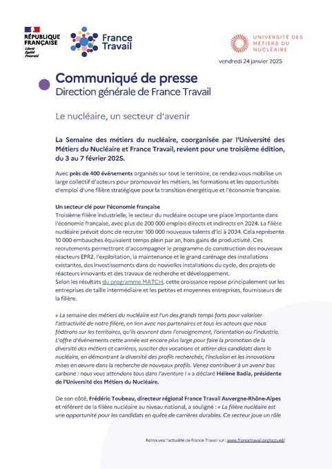 Communiqué de presse - Direction générale de France Travail "Le nucléaire, un secteur d'avenir"