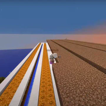 Close-up screenshot of the video "Skyblock: Potato war 3 (FINALE)" of Minecraft Youtuber and streamer Technoblade crouching on the edge of a dirt platform that he's building, above farm platform filled with pumpkins. He's wearing Young Dragon Armor and has his bunny pet flying around his head.