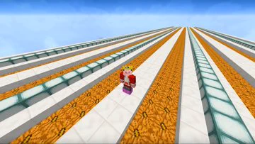 Another screenshot of the video "Skyblock: Potato war 3 (FINALE)" of Technoblade on the top layer of gigantic pumpkin farm, which is made up of lines of pumpkins, quartz, and beacons, stretching out into the distance. Techno's wearing enchanted leather boots.