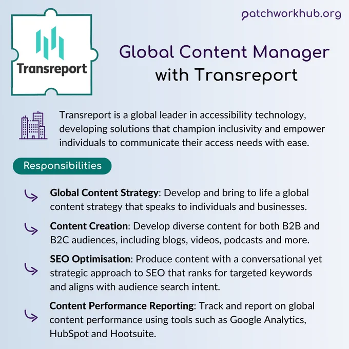 Global Content Manager with Transreport. Key responsibilities listed in bullet points include: Global content strategy, content creation, SEO optimisation, and content performance reporting. 