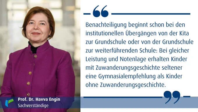 Foto von Prof. Engin mit folgendem Zitat: 
"Benachteiligung beginnt schon bei den institutionellen Übergängen von der Kita zur Grundschule oder von der Grundschule zur weiterführenden Schule: Bei gleicher Leistung und Notenlage erhalten Kinder mit Zuwanderungsgeschichte seltener eine Gymnasialempfehlung als Kinder ohne Zuwanderungsgeschichte."