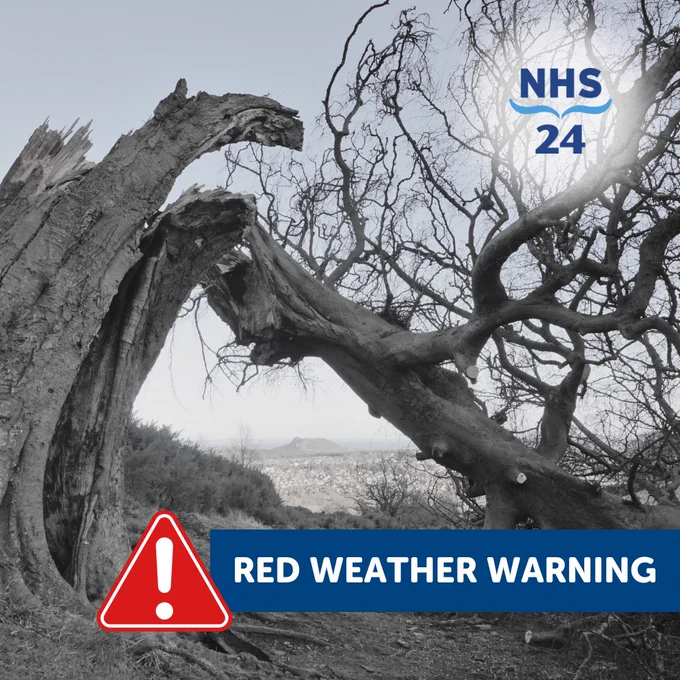 Photo of a large tree broken in half by strong winds. Caption says "red weather warning" with red warning triangle and NHS 24 logo. 
