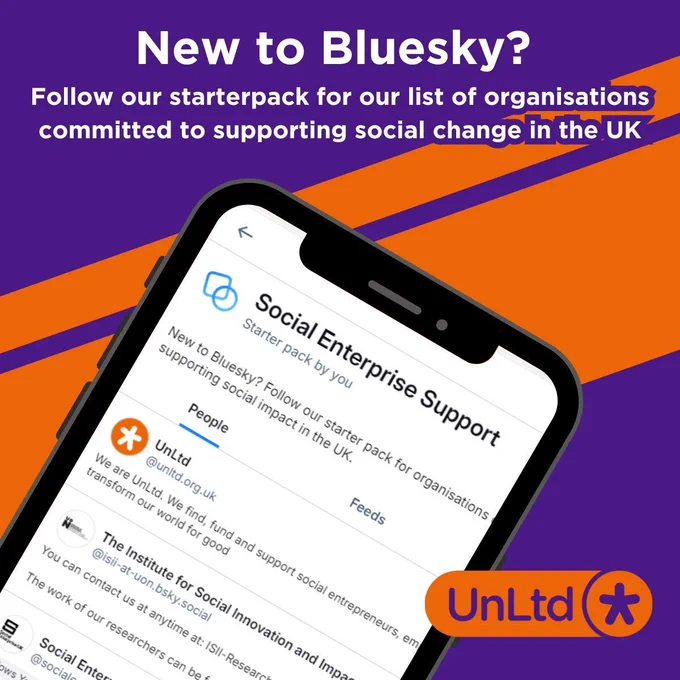 Image shows a phone with the Bluesky starter pack list on it, atop a purple background with orange stripes and text which reads 'News to Bluesky? Follow our starterpack for our list of organisations committed to supporting social change in the UK.'