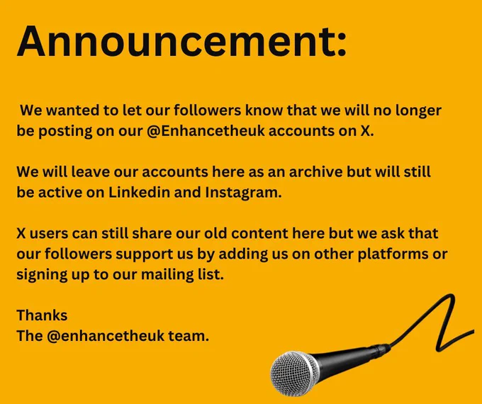 Announcement: We wanted to let our followers know that we will no longer be posting on our X accounts.

We will leave our acc but ask that our followers support us by adding us on other platforms or signing up to our mailing list ➡️ https://mailchi.mp/7dab636bbecd/enhance-the-uk

Thanks 

ETUK