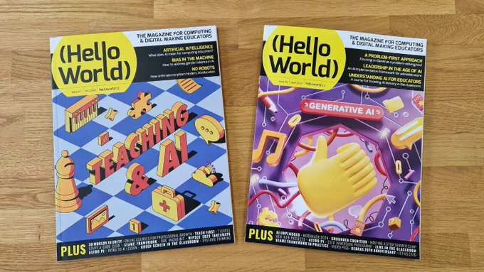 Photo featuring a physical copy Hello World Issue 22 'Teaching & AI' next to a physical copy of Issue 25 'Generative AI'.