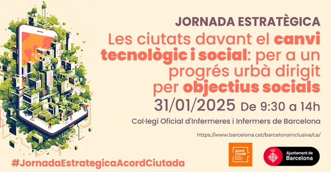 Bàner de la jornada. A l'esquerra, una il·lustració abstracta d'un mòbil i una ciutat amb plantes.
