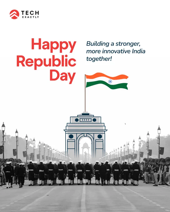 A black and white image of a parade marching down a wide, tree-lined street. In the background, the iconic India Gate stands tall, with the Indian flag flying proudly above it. The text "Happy Republic Day" is prominently displayed at the top, followed by the message "Building a stronger, more innovative India together!"