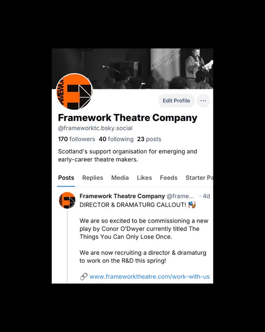 Screenshot of Framework’s Bluesky account with username: frameworktc.bsky.social.
