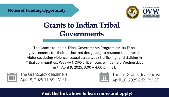 Notice of Funding Opportunity
Grants to Indian Tribal Governments
The Grants to Indian Tribal Governments Program assists Tribal governments (or their authorized designees) to respond to domestic violence, dating violence, sexual assault, sex trafficking, and stalking in Tribal communities. Weekly NOFO office hours will be held Wednesdays until April 9, 2025, 3:00 – 4:00 p.m. ET.

The Grants.gov deadline is: 
April 8, 2025 11:59 PM ET
The JustGrants deadline is: 
April 10, 2025 8:59 PM ET