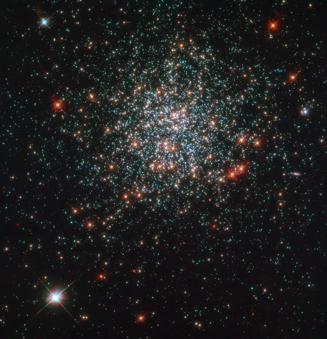 Großer Sternhaufen mit viele Sterne und schwarzem Weltraum im Hintergrund abgebildet. Einige Sterne erscheinen rot, während andere eher hell neonblau/weiß sind.
