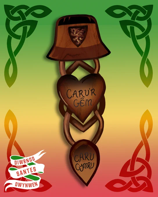 Illustration of Cymru love spoon which reads 'Caru'r Gêm. Caru Cymru.' to celebrate Diwrnod Santes Dwynwen.