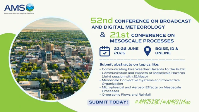 Graphic for the AMS 52nd Conference on Broadcast and Digital Meteorology and 21st Conference on Mesoscale Processes abstract submission promotion with dates, location, and abstract topics.
