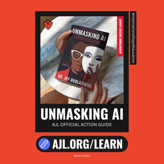 A drag queen is standing behind a plant, looking pensively up at the lefthand corner of the screen. White and red text at the top lefthand corner of the image reads "Algorithmic Justice League" and white text at the bottom of the image reads "Drag vs. AI Lesson Plan & Resources for Educators" A link underneath reads "AJL.org/learn" and "@AJLUnited." White text on the side of the image reads "#InternationalDayofEducation"