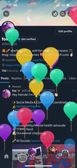 Screenshot of Fox’s Twitter profile page with several multicoloured balloons floating across the screen for their birthday!