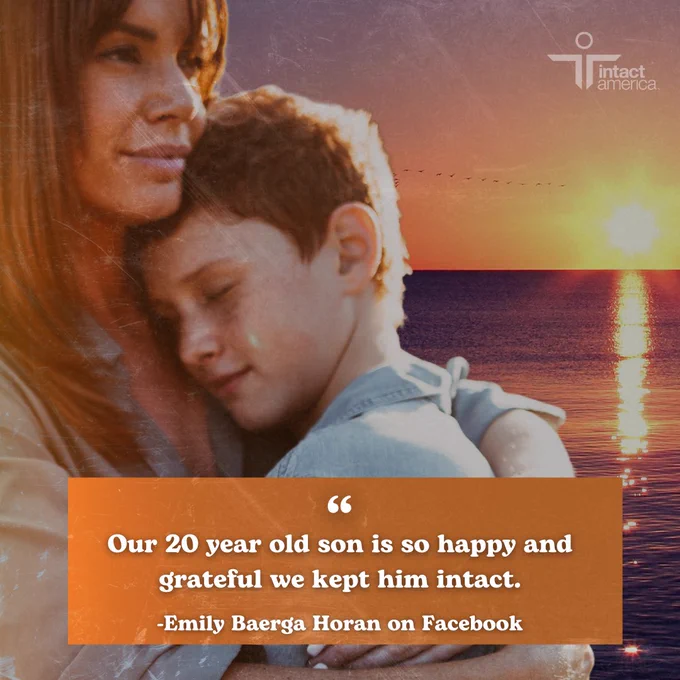 Promotional image from Intact America featuring an adult and a child embracing by the water at sunset, with a quote about the happiness of making personal decisions.