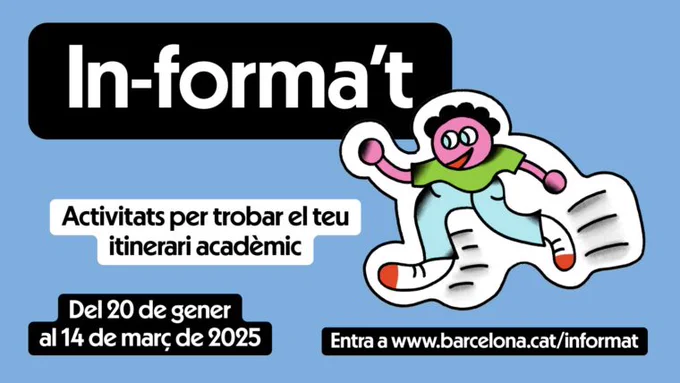 Bàner de l'In-forma't. A la dreta, una il·lustració d'nun jove corrent. Al centre, el text que indica: In-forma't. Del 20 de gener al 14 de març de 2025.
